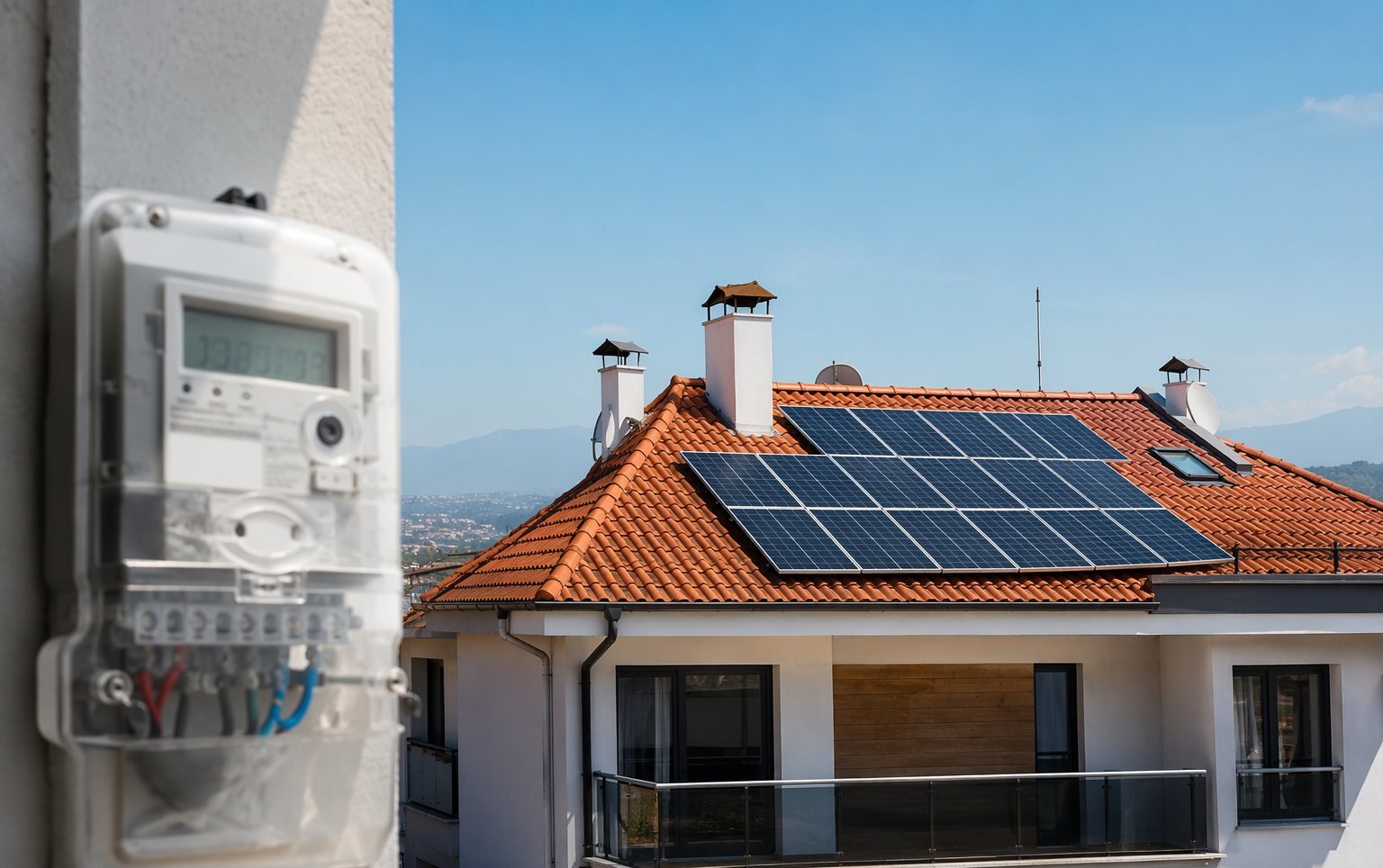 Ev çatısında güneş panelleri ve elektrik sayacı — mahsuplaşma kavramı