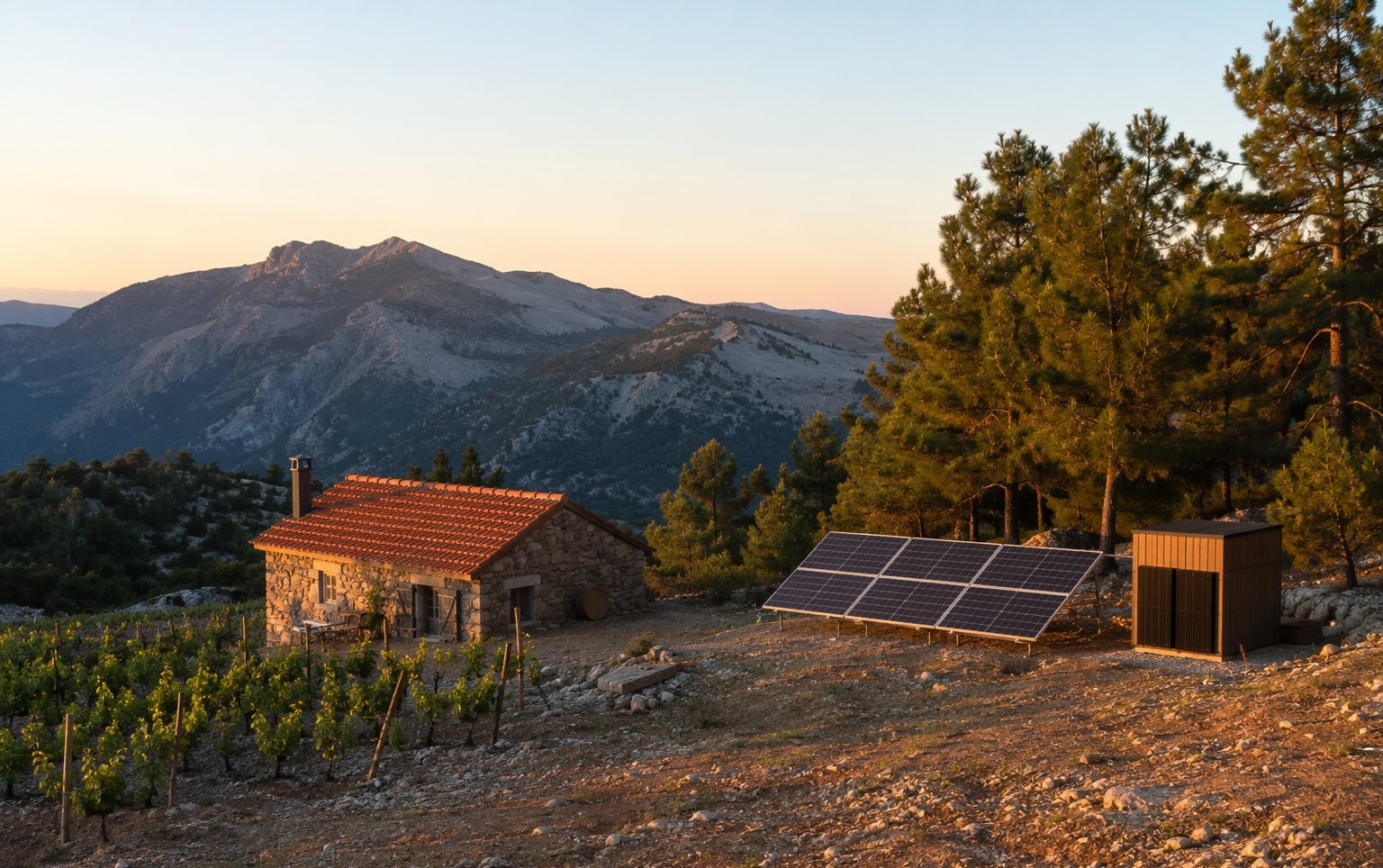 Yaylada taş evin yanında off-grid güneş paneli ve batarya sistemi