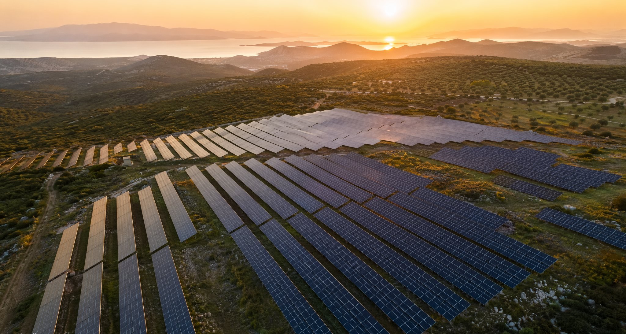 Ege'de gün batımında dron ile çekilmiş güneş enerjisi santrali
